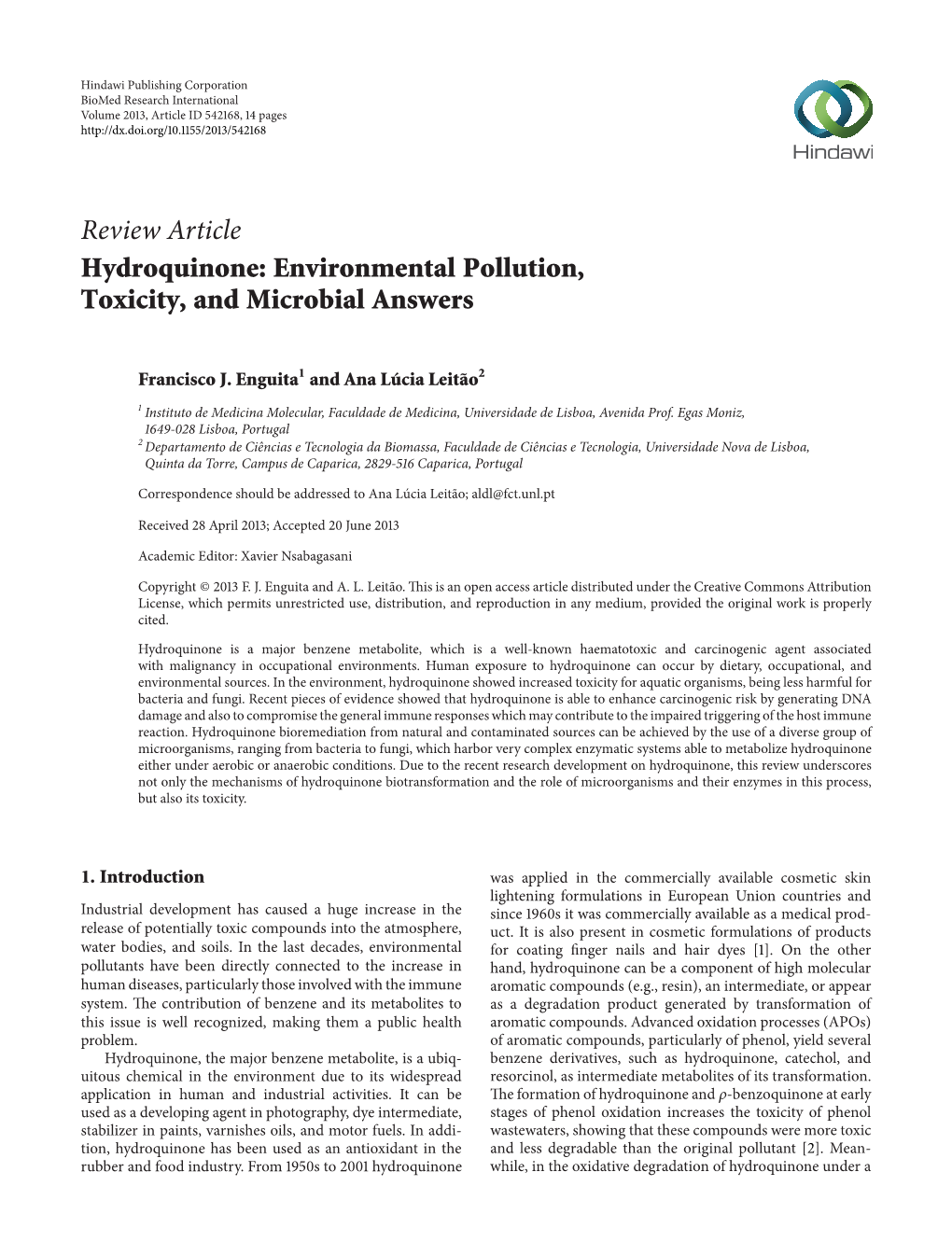 Hydroquinone: Environmental Pollution, Toxicity, and Microbial Answers