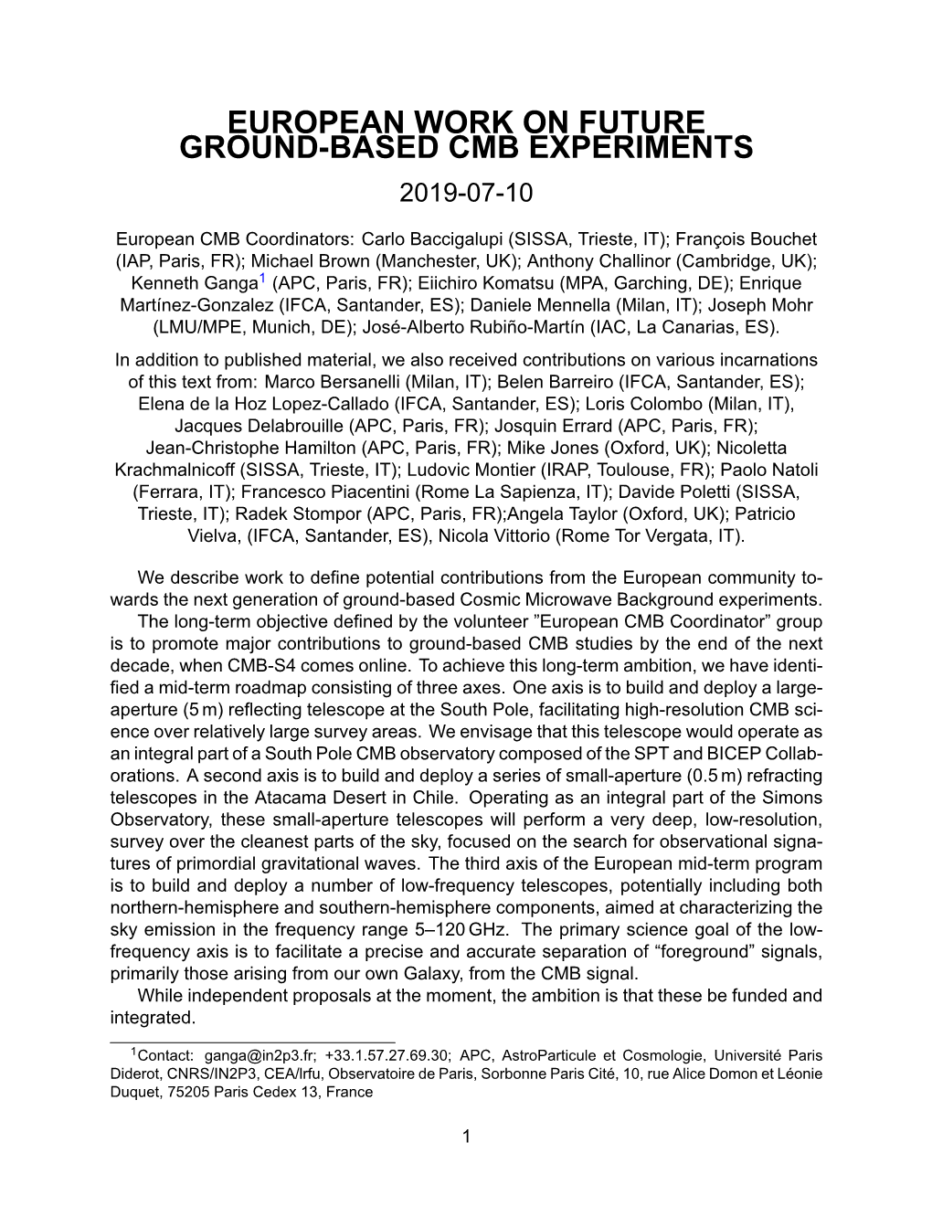 European Work on Future Ground-Based Cmb Experiments 2019-07-10