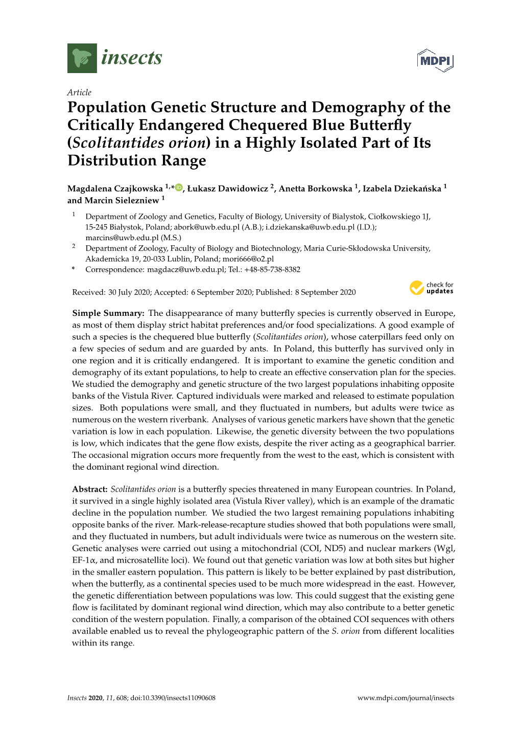 Population Genetic Structure and Demography of the Critically Endangered Chequered Blue Butterfly