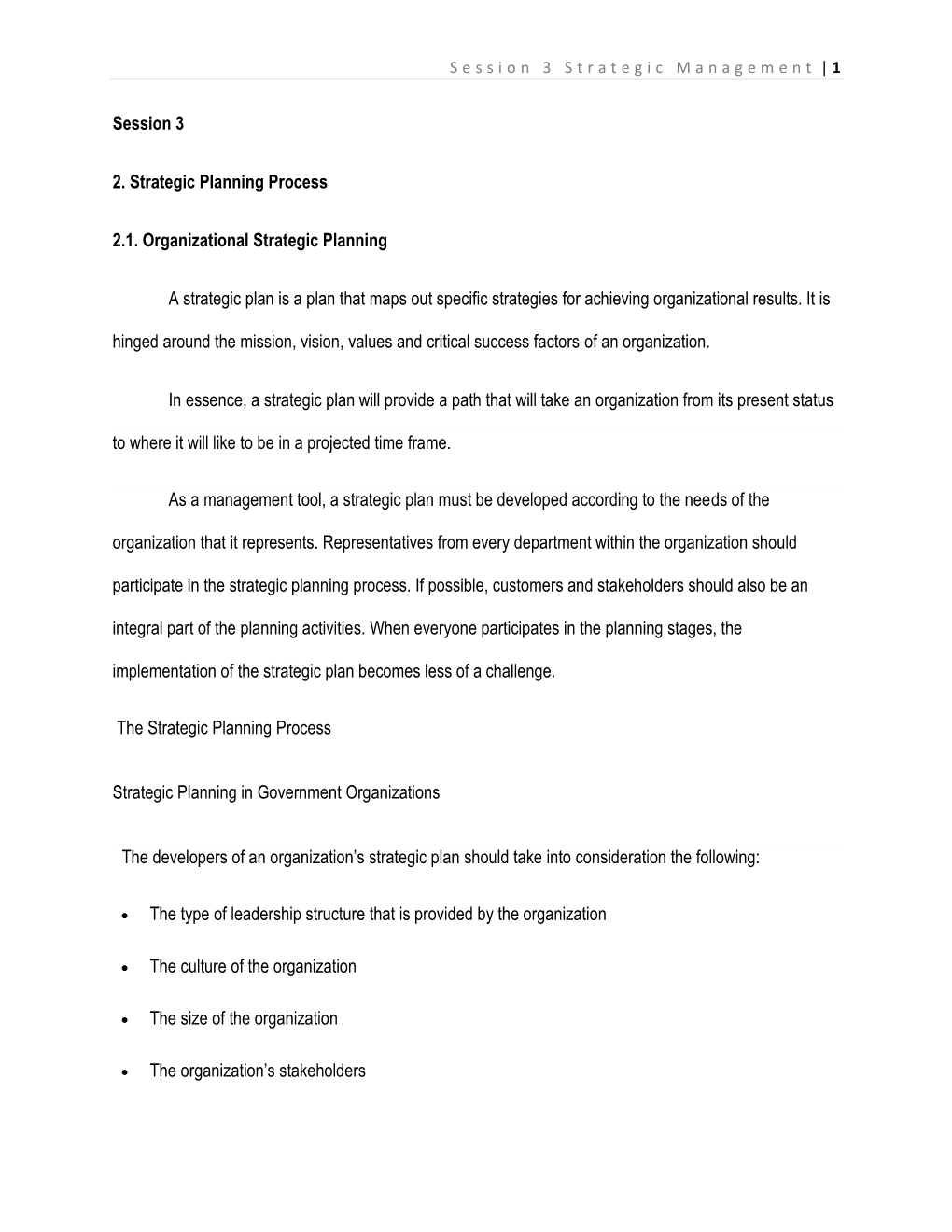 Session 3 2. Strategic Planning Process 2.1. Organizational