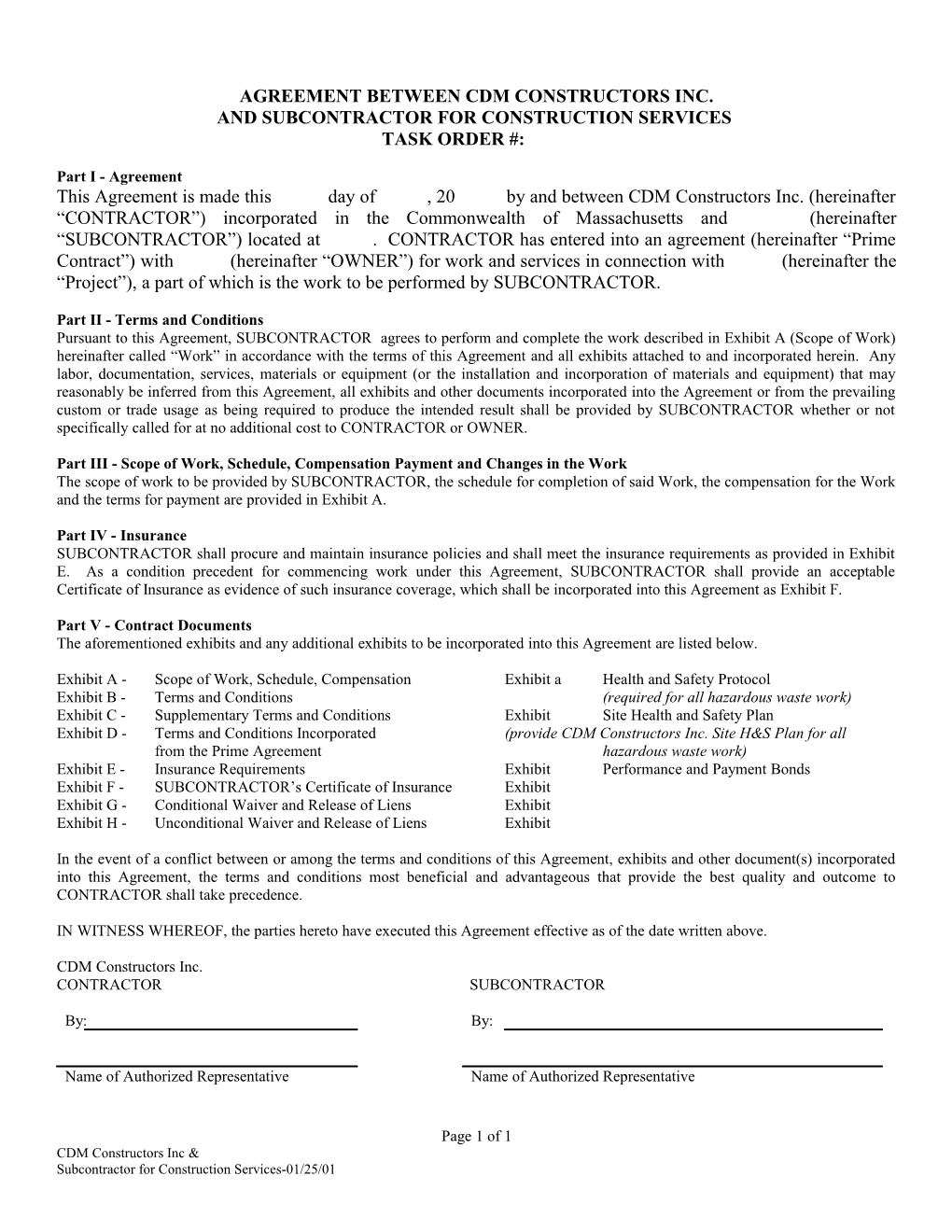 Subcontractor Agreement (See Instructions - Use Exhibits a - H)