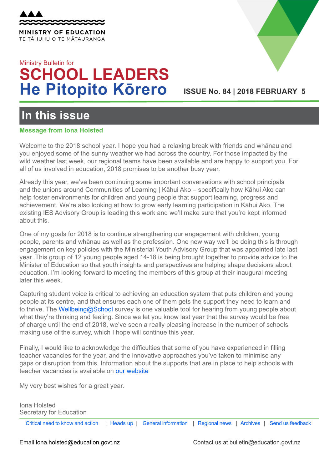 Ministry Bulletin for SCHOOL LEADERS He Pitopito Kōrero ISSUE No