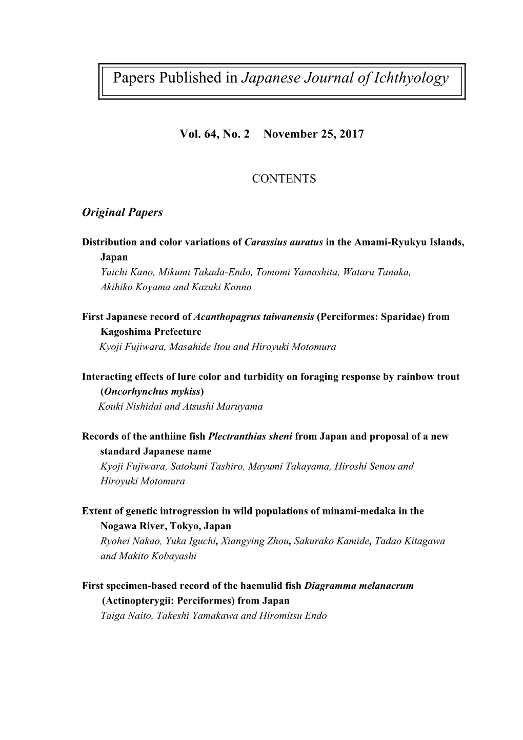 Japanese Journal of Ichthyology Vol.64-2 Is Added