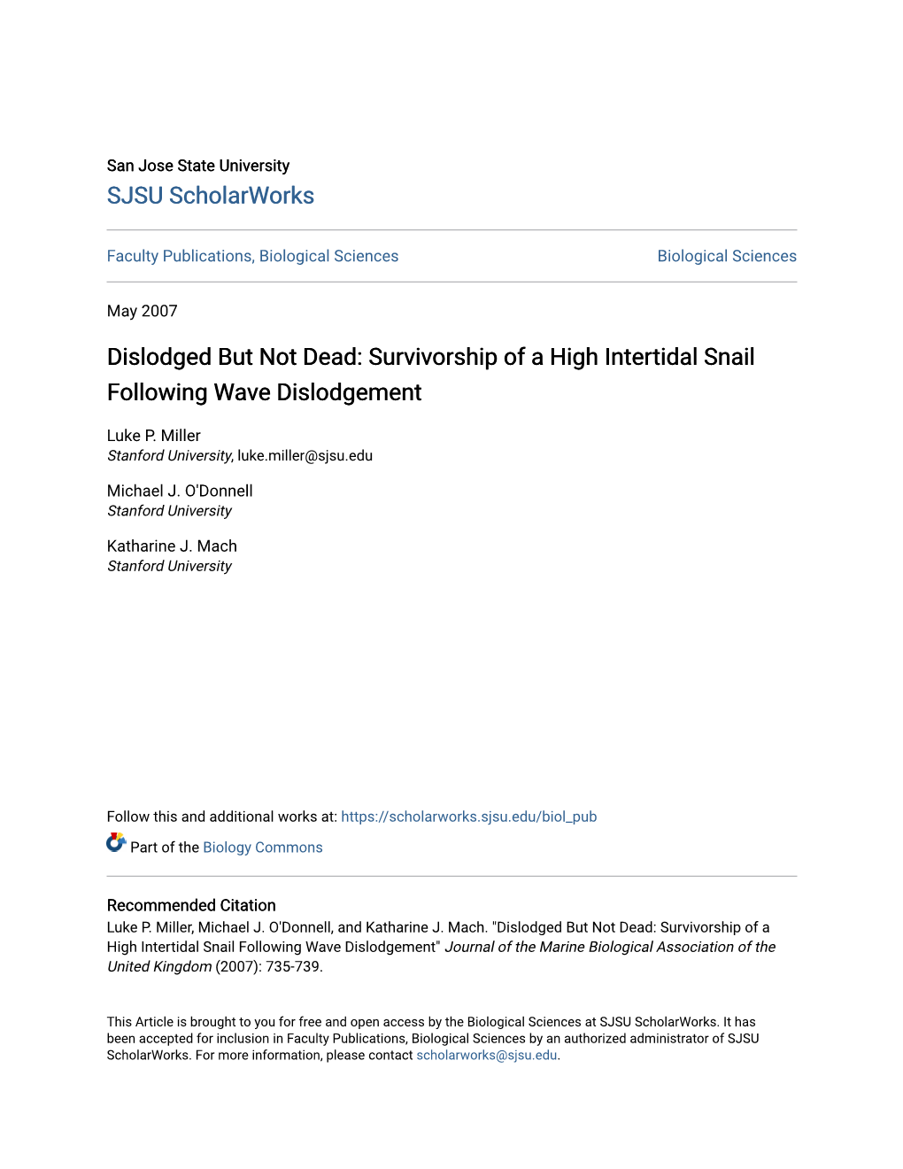 Survivorship of a High Intertidal Snail Following Wave Dislodgement