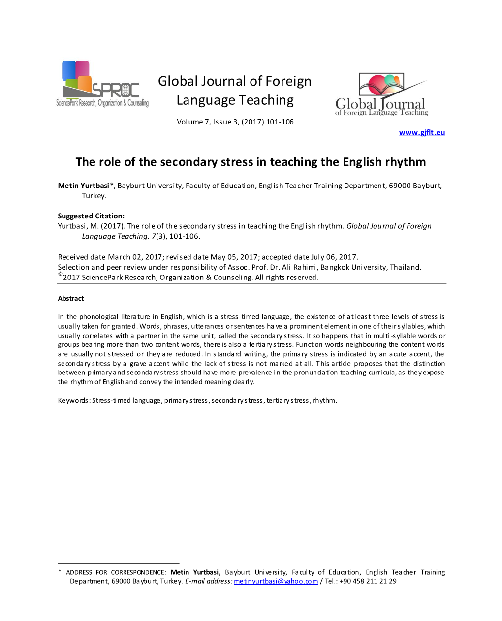 Global Journal of Foreign Language Teaching