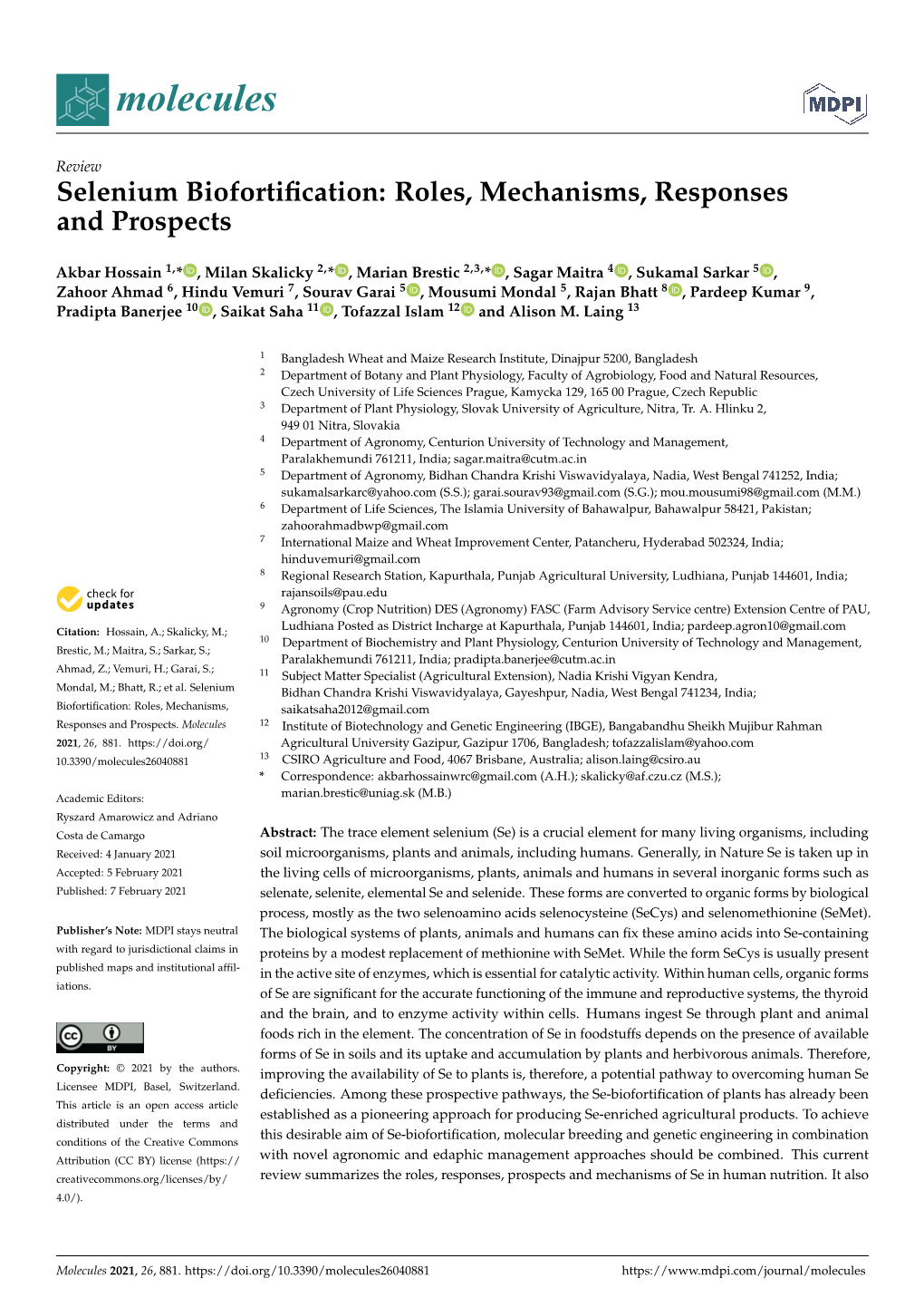 Selenium Biofortification: Roles, Mechanisms, Responses And