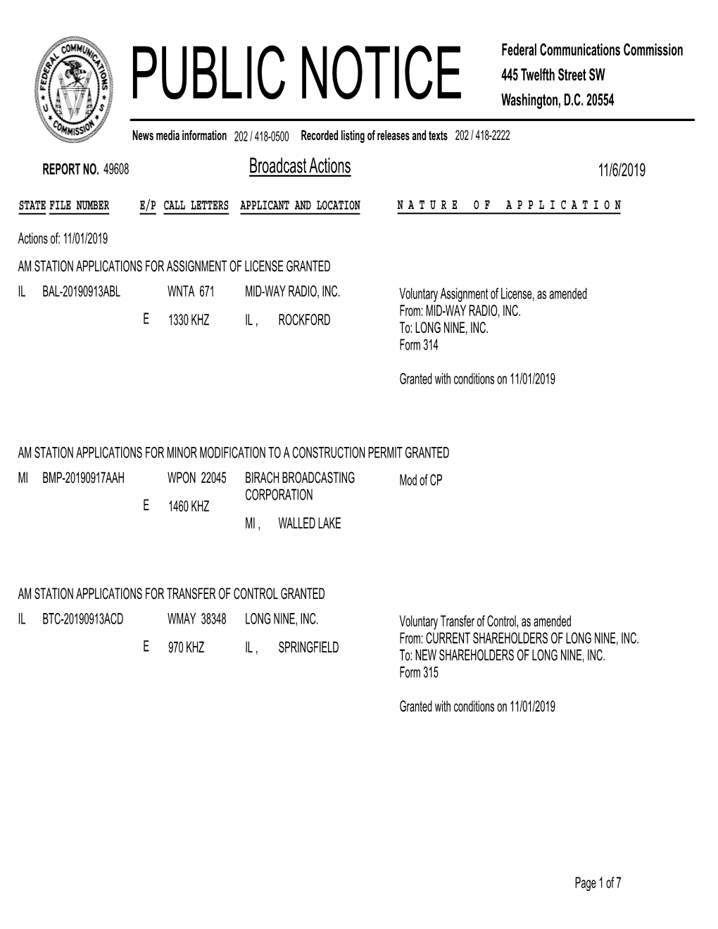 Broadcast Actions 11/6/2019