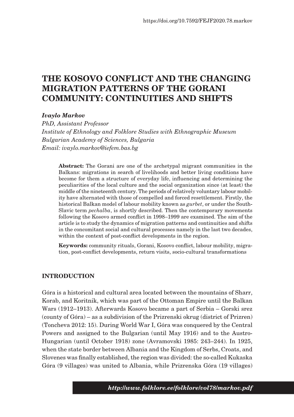 The Kosovo Conflict and the Changing Migration Patterns of the Gorani Community: Continuities and Shifts