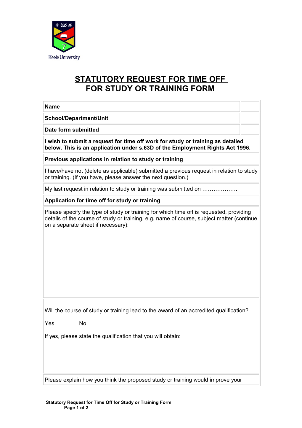 Statutory Request for Study Or Training Form