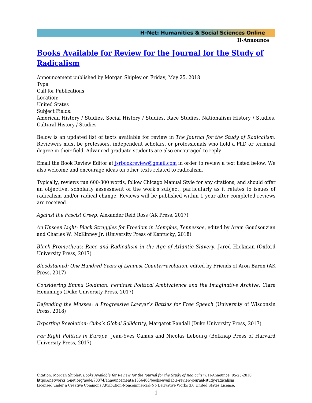 Books Available for Review for the Journal for the Study of Radicalism