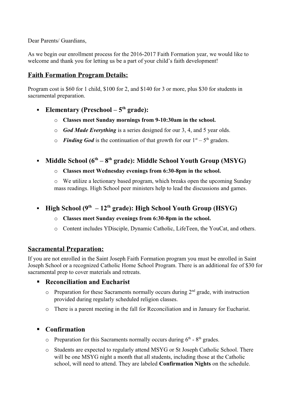 Faith Formation Program Details