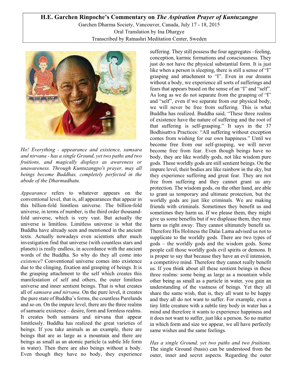 H.E. Garchen Rinpoche's Commentary on the Aspiration