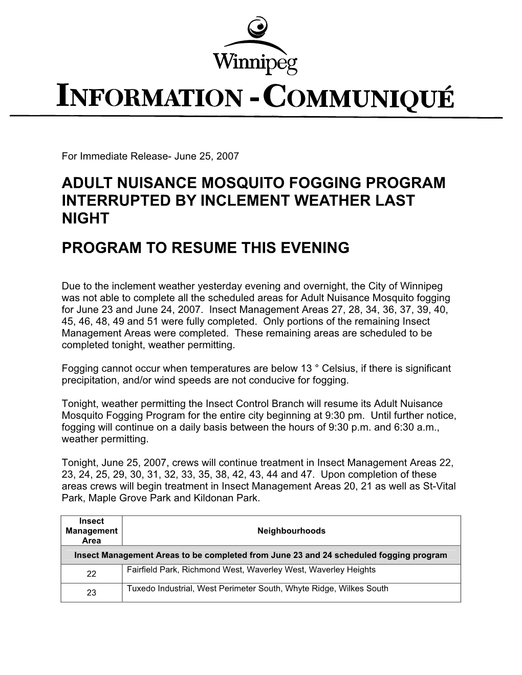 Adult Nuisance Mosquito Fogging Program Interrupted by Inclement Weather Last Night Program to Resume This Evening