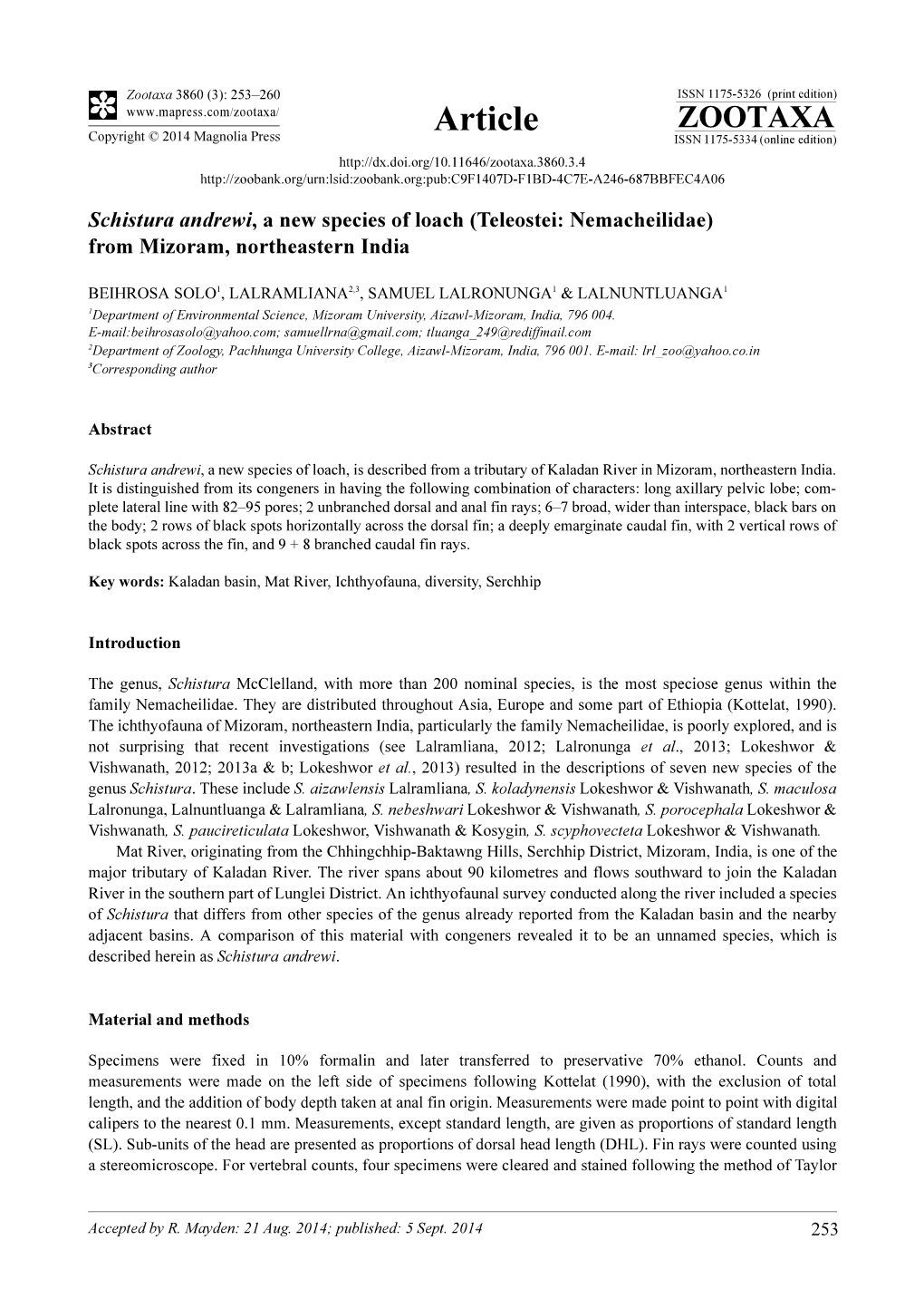 Schistura Andrewi, a New Species of Loach (Teleostei: Nemacheilidae) from Mizoram, Northeastern India