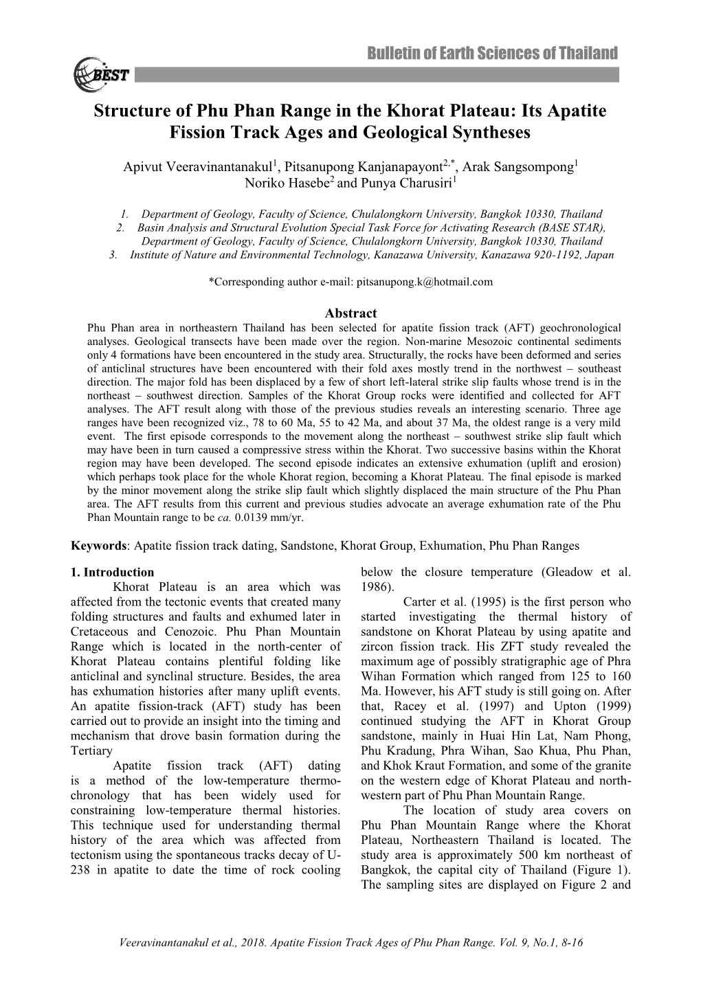 Structure of Phu Phan Range in the Khorat Plateau: Its Apatite Fission Track Ages and Geological Syntheses