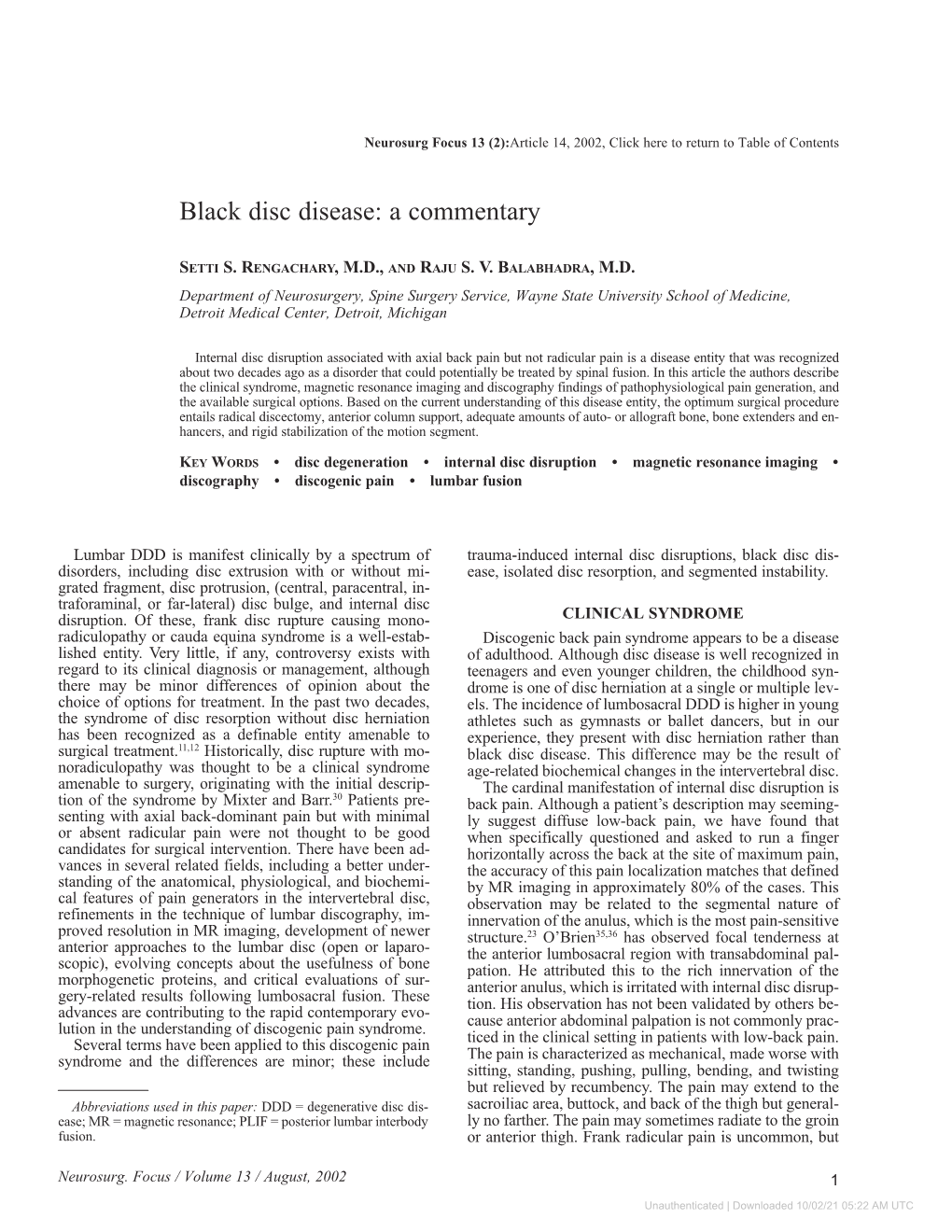 Black Disc Disease: a Commentary