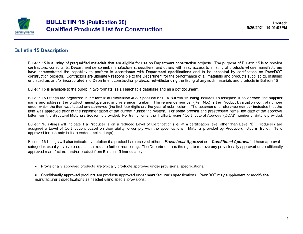 BULLETIN 15 (Publication 35) Qualified Products List