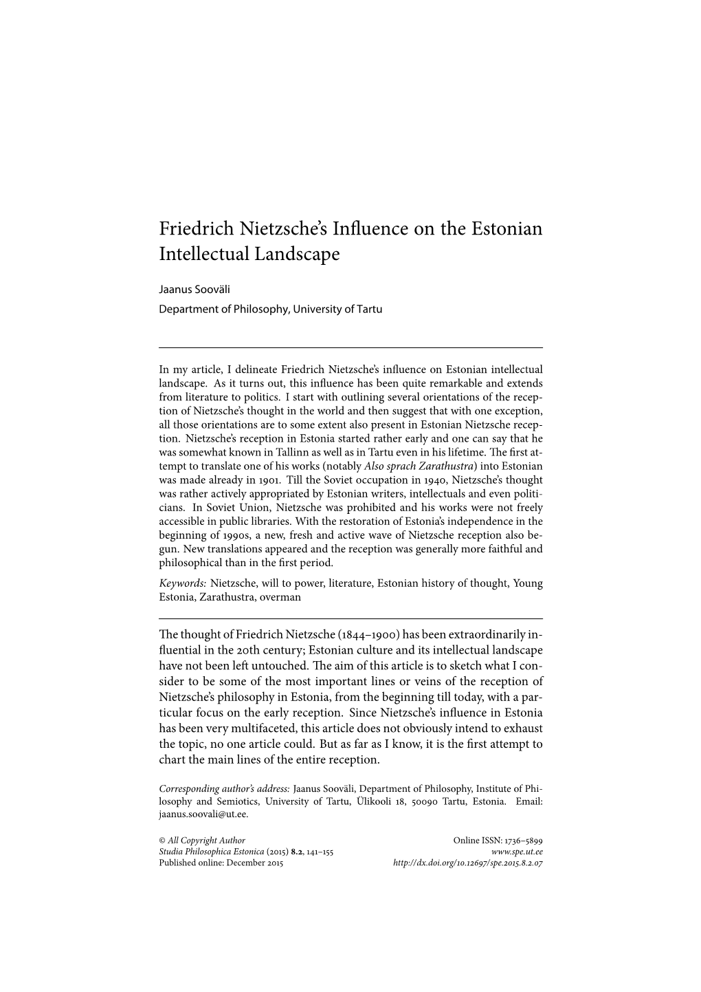 Friedrich Nietzsche's Influence on the Estonian Intellectual Landscape