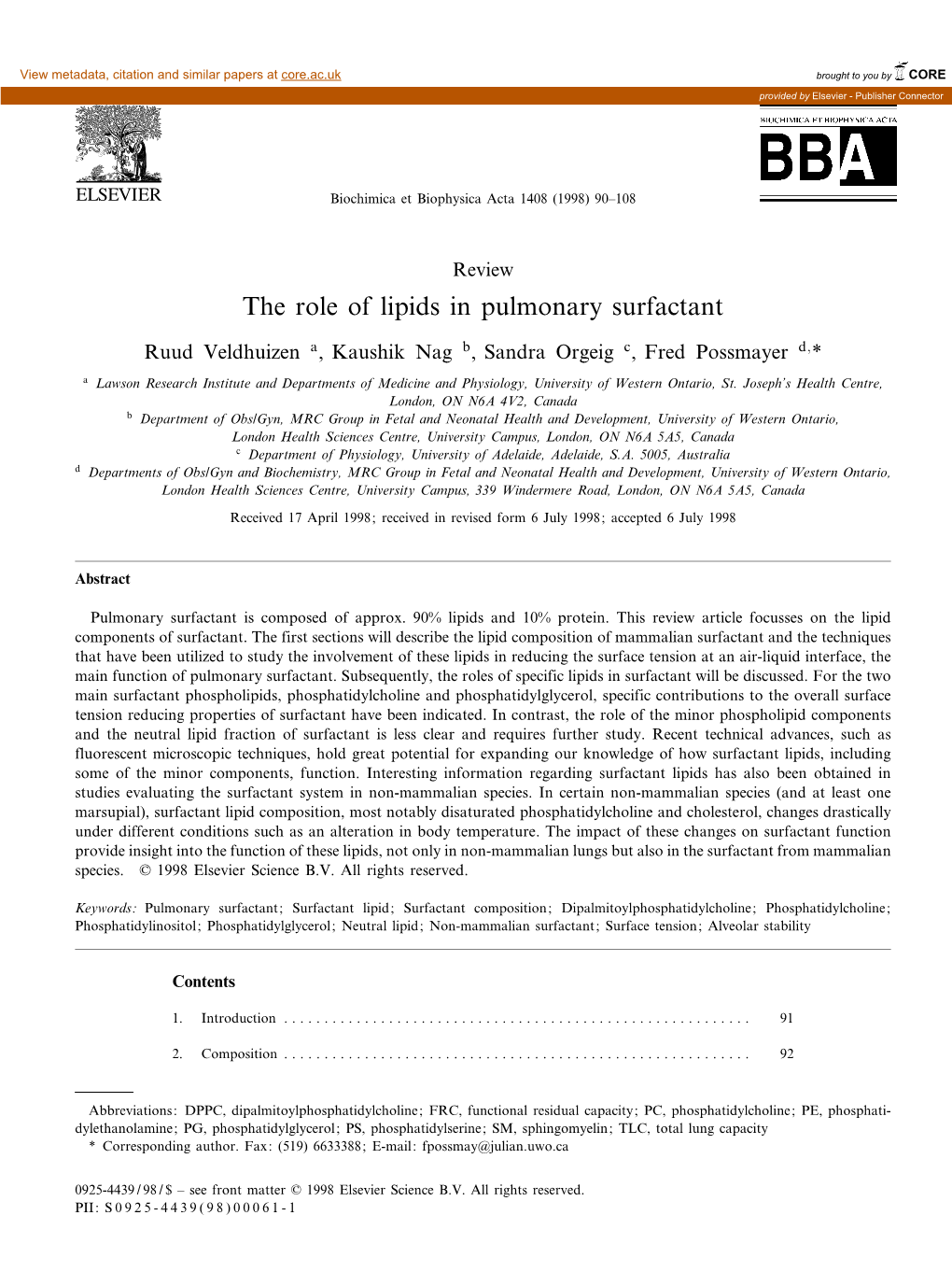 The Role of Lipids in Pulmonary Surfactant