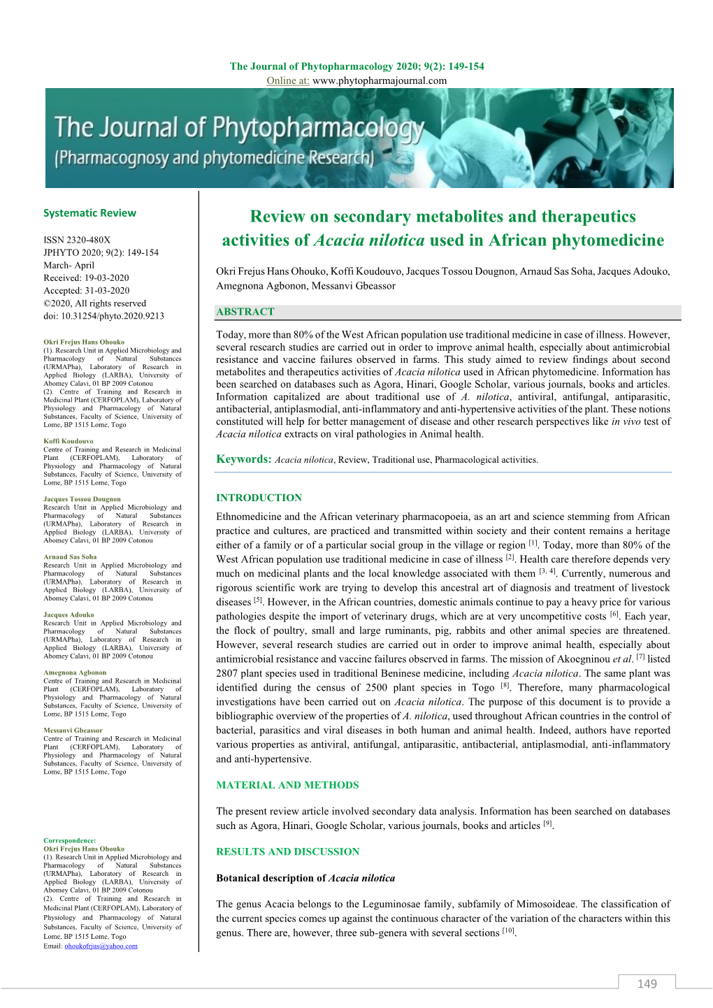 Review on Secondary Metabolites and Therapeutics Activities of Acacia Nilotica Used in African Phytomedicine