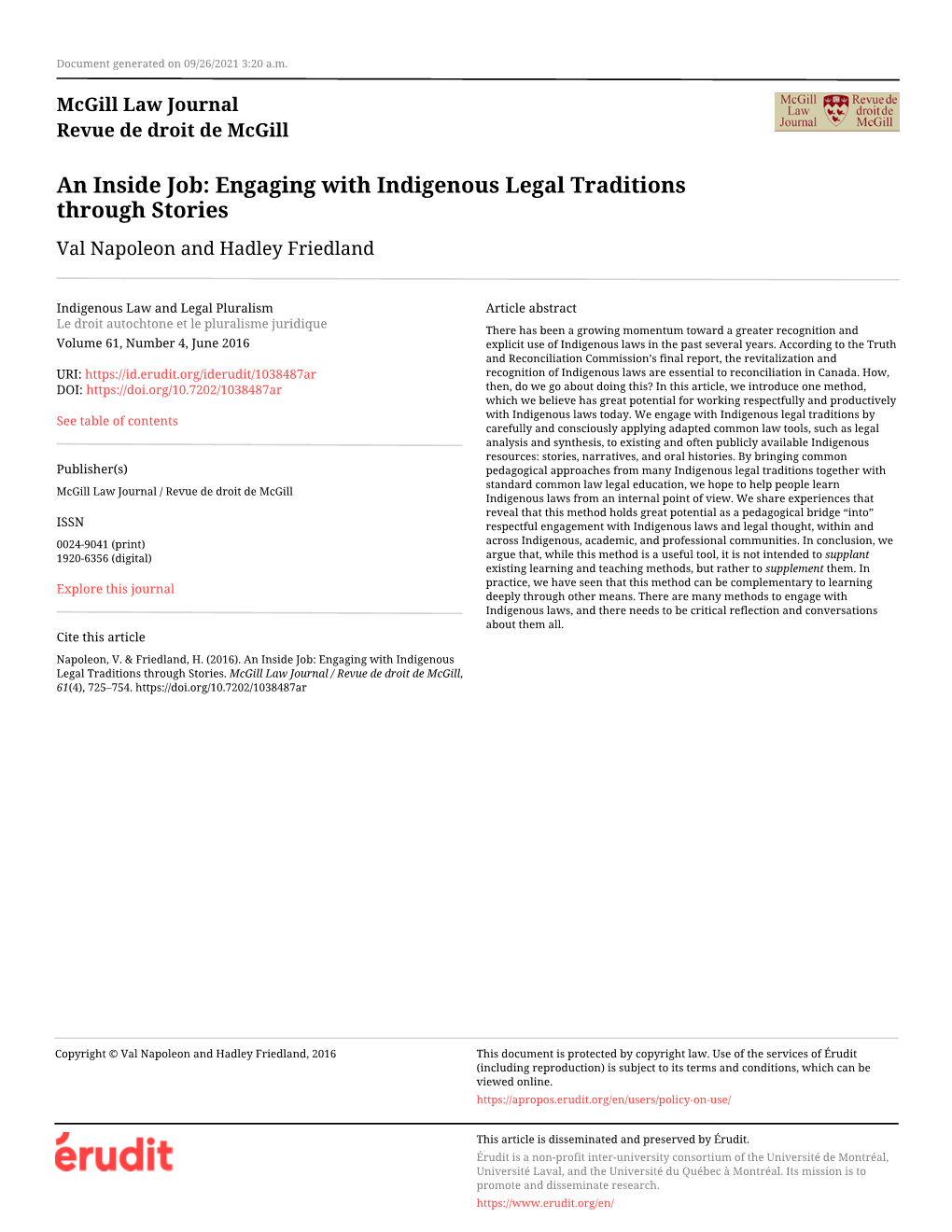 Engaging with Indigenous Legal Traditions Through Stories Val Napoleon and Hadley Friedland