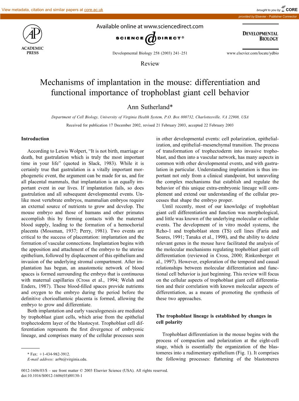 Mechanisms of Implantation in the Mouse: Differentiation and Functional Importance of Trophoblast Giant Cell Behavior