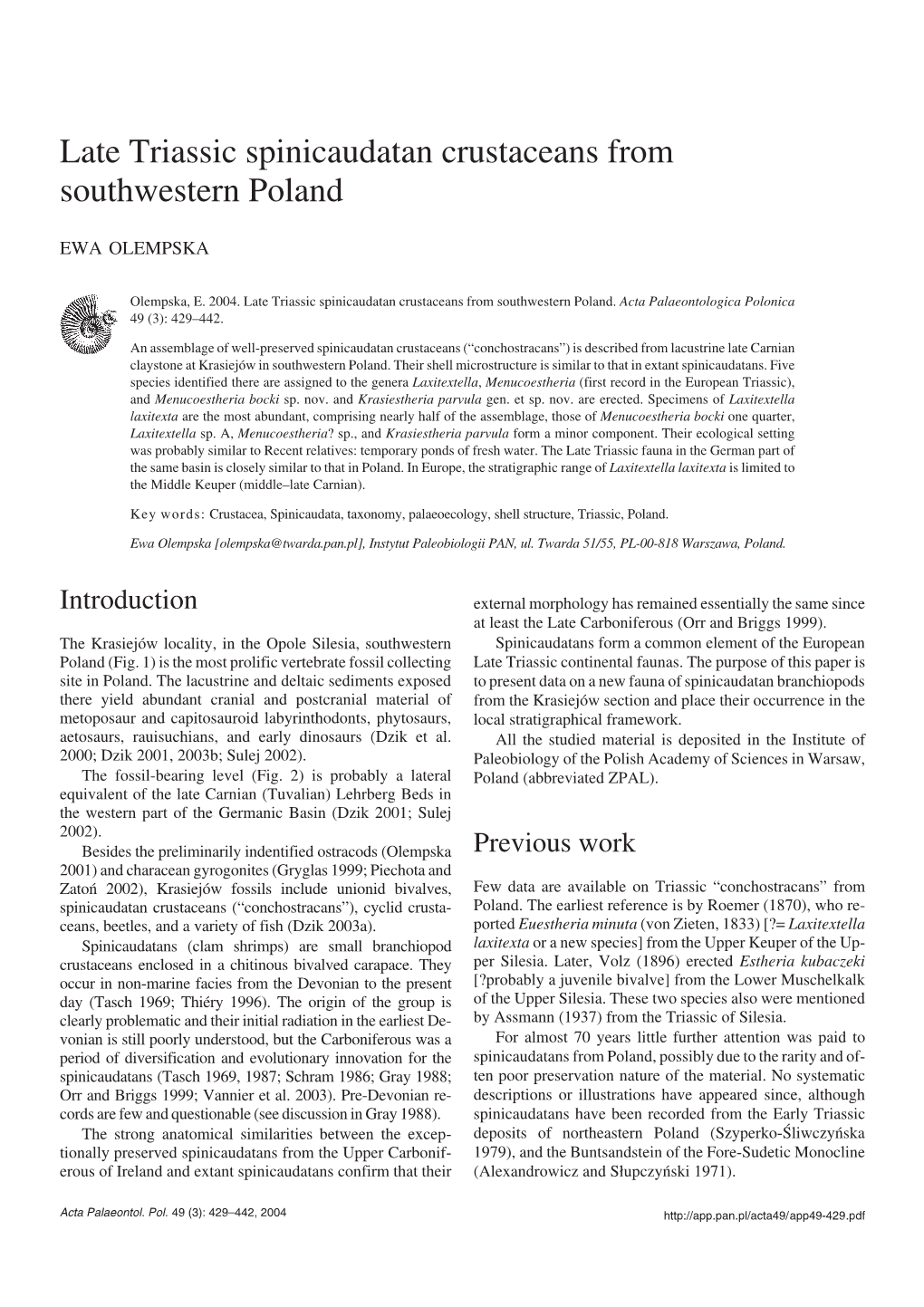 Late Triassic Spinicaudatan Crustaceans from Southwestern Poland