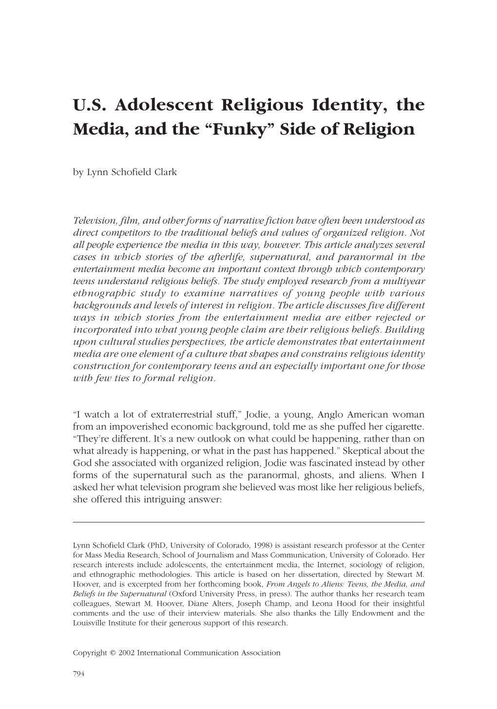 US Adolescent Religious Identity, the Media, and the “Funky”