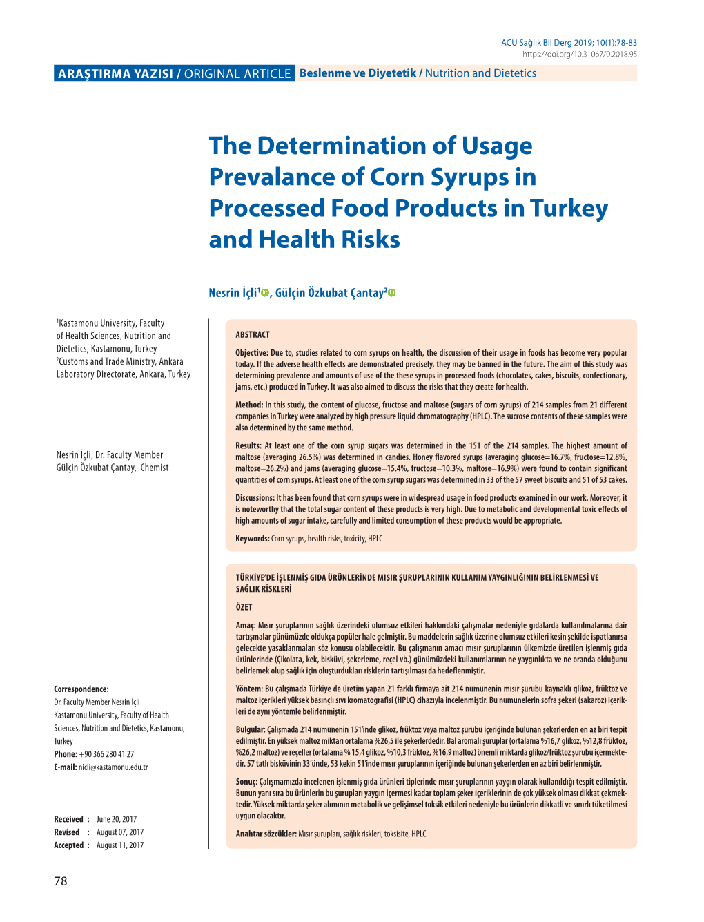 The Determination of Usage Prevalance of Corn Syrups in Processed Food Products in Turkey and Health Risks