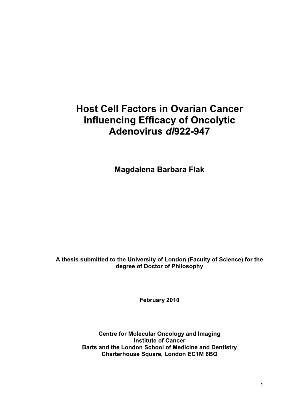 Host Cell Factors in Ovarian Cancer Influencing Efficacy of Oncolytic Adenovirus Dl922-947