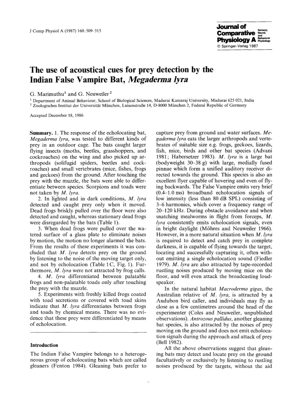 The Use of Acoustical Cues for Prey Detection by the Indian False Vampire Bat, &lt;Emphasis Type="Italic"&gt;Megaderma