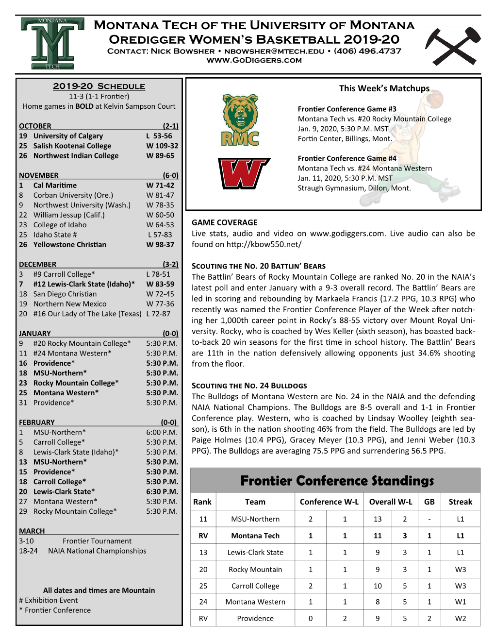 Frontier Conference Standings 20 Lewis-Clark State* 6:30 P.M