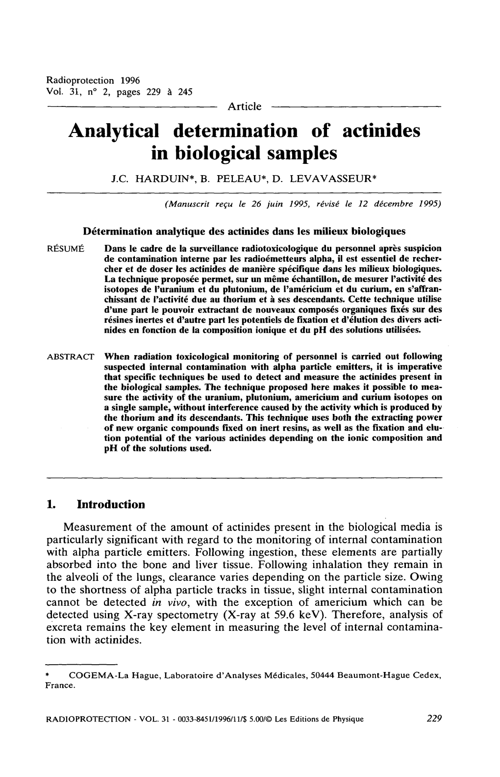 Détermination Analytique Des Actinides Dans Les Milieux Biologiques