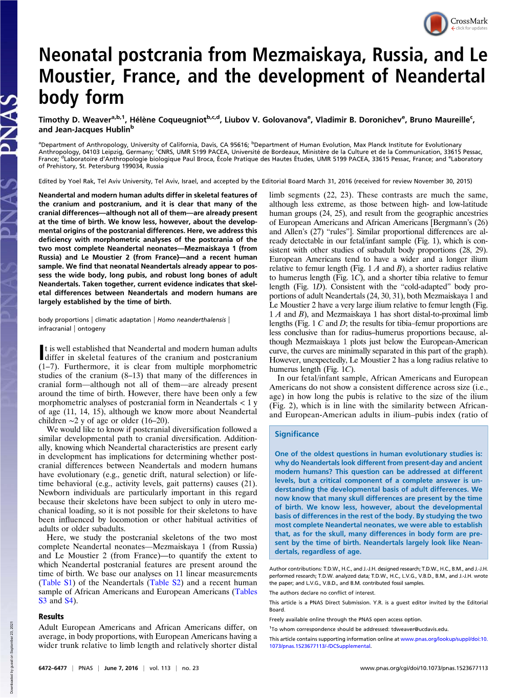 Neonatal Postcrania from Mezmaiskaya, Russia, and Le Moustier, France, and the Development of Neandertal Body Form