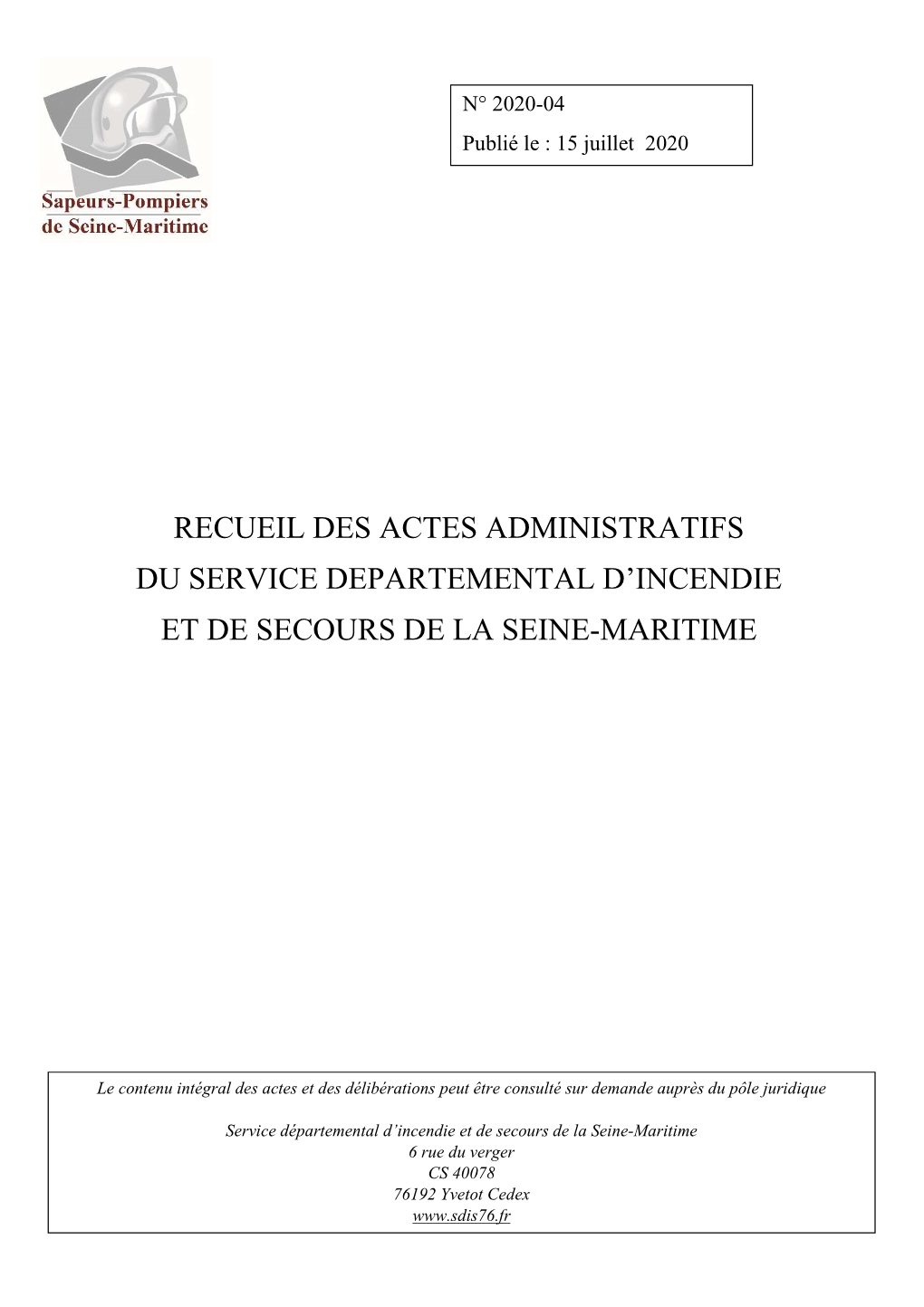 Recueil Des Actes Administratifs Du Service Departemental D’Incendie Et De Secours De La Seine-Maritime