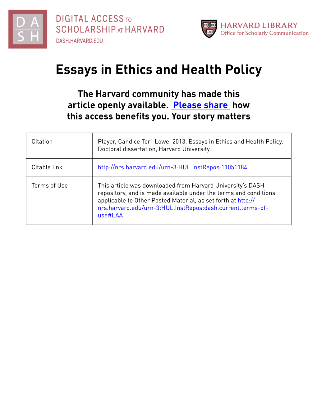 Essays in Ethics and Health Policy