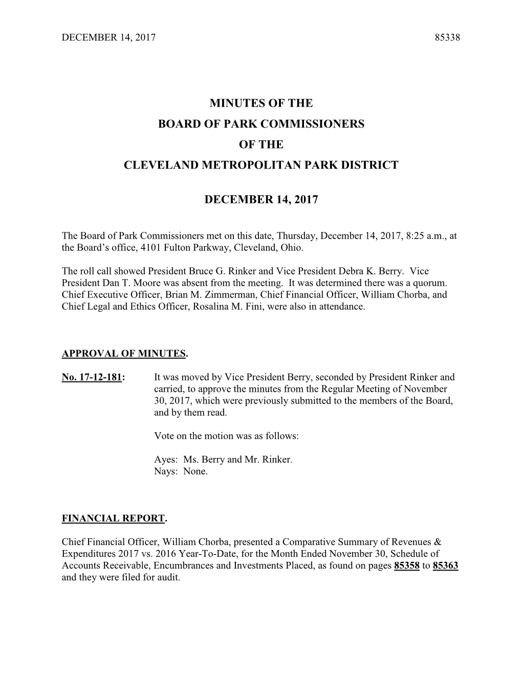 Minutes of the Board of Park Commissioners of the Cleveland Metropolitan Park District December 14, 2017