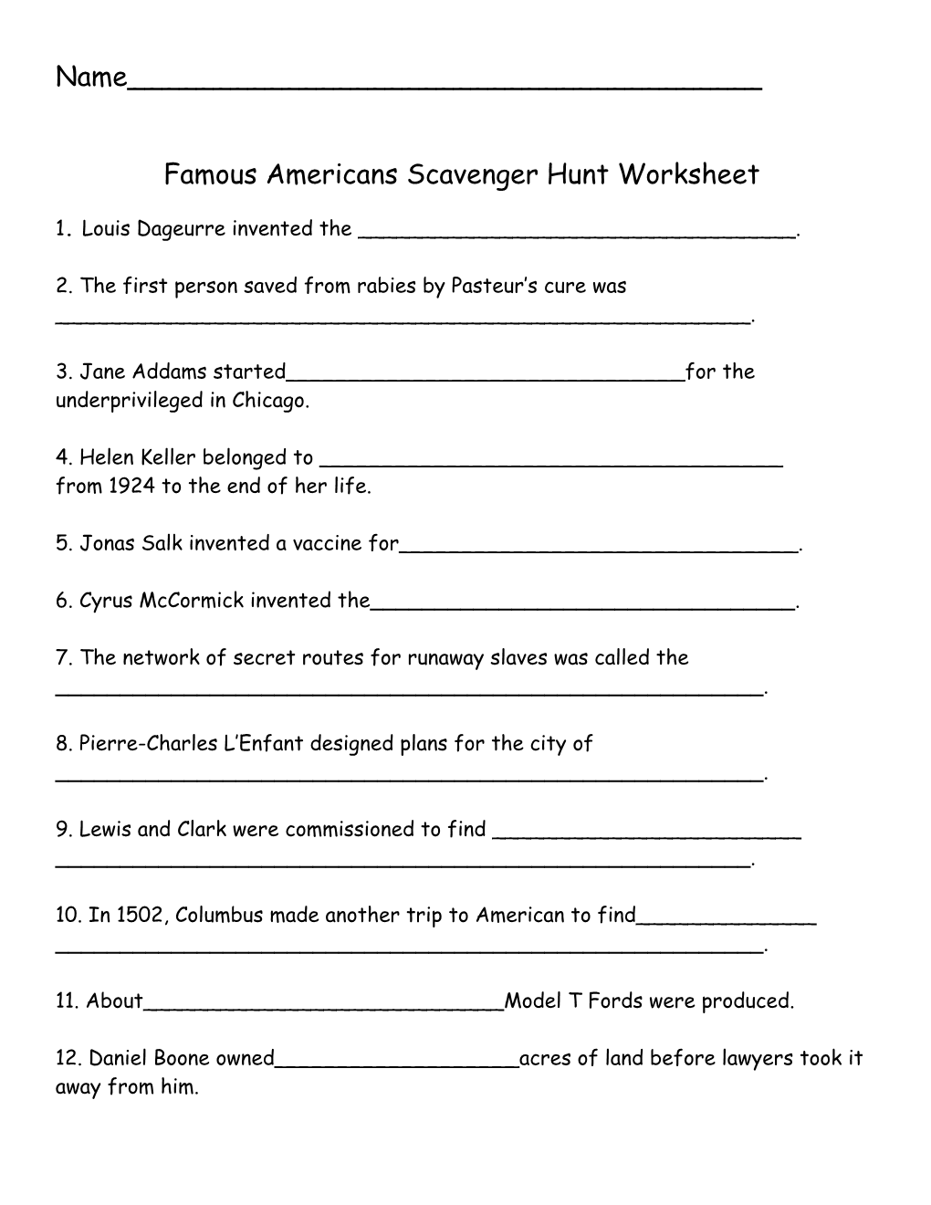 Famous Americans Scavenger Hunt Worksheet
