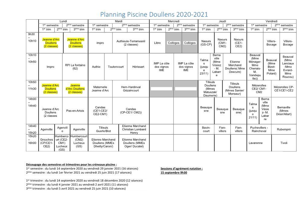 Planning Piscine Doullens 2020-2021