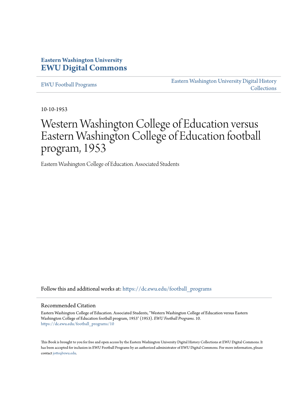 Western Washington College of Education Versus Eastern Washington College of Education Football Program, 1953 Eastern Washington College of Education