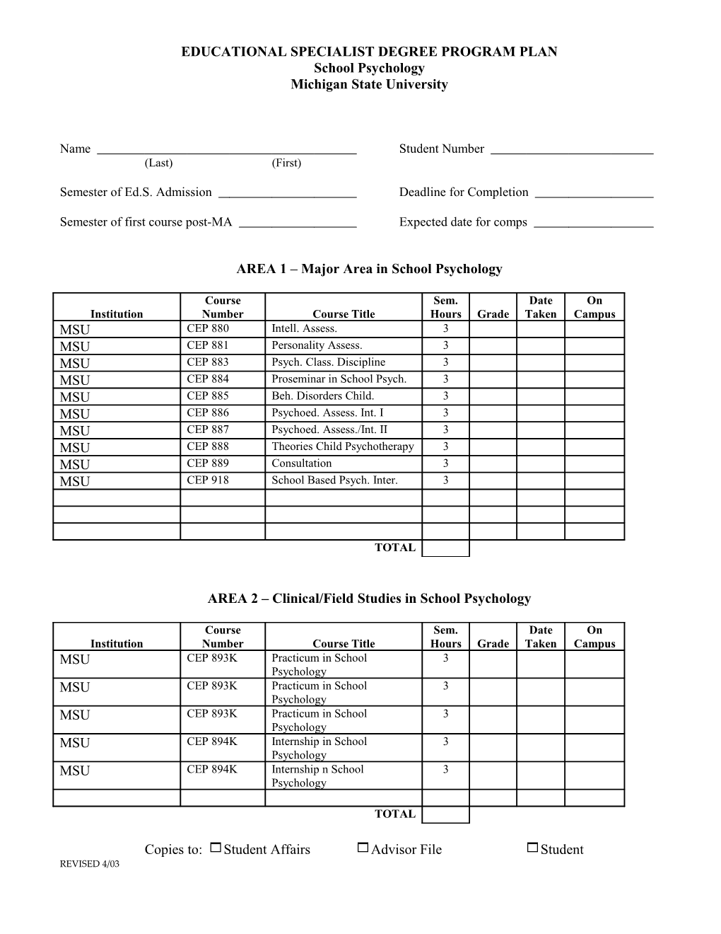 Educational Specialist Degree Program Plan