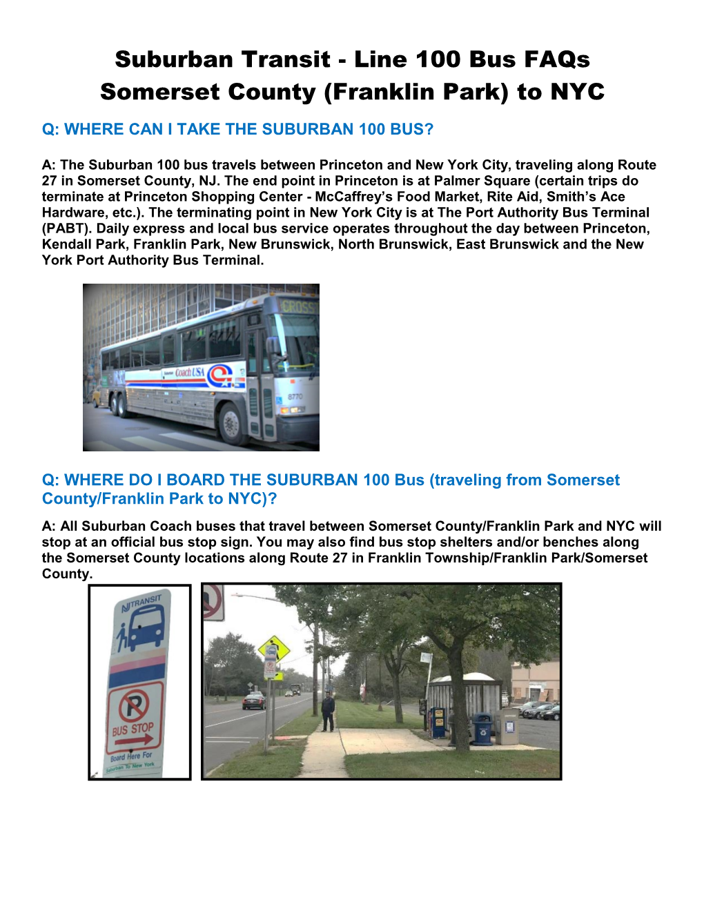 Suburban Transit - Line 100 Bus Faqs Somerset County (Franklin Park) to NYC