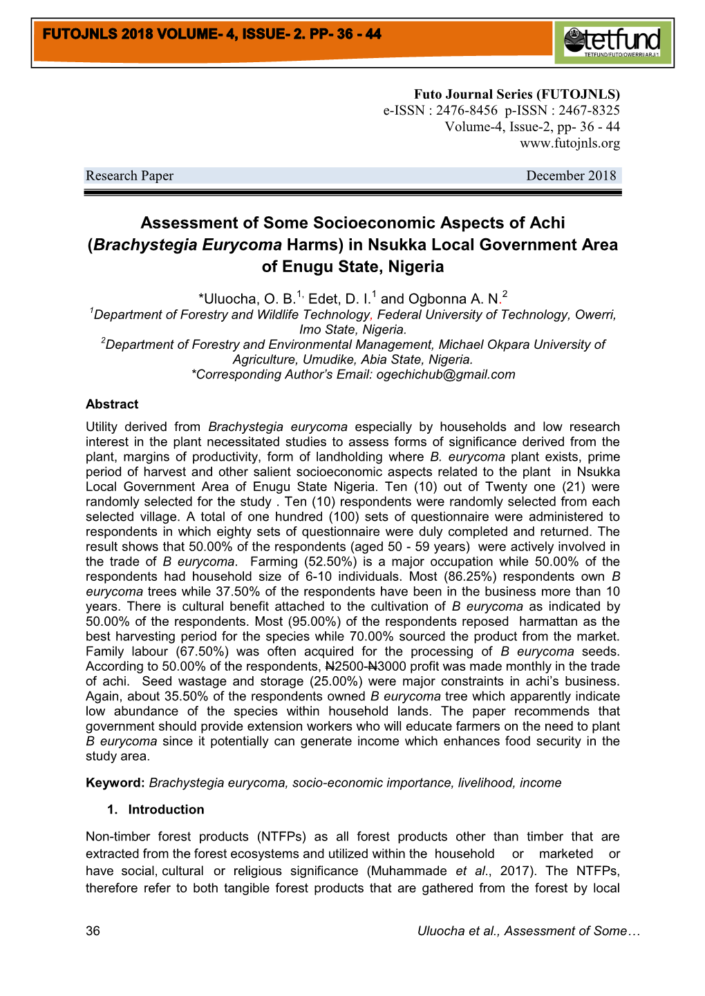 Brachystegia Eurycoma Harms) in Nsukka Local Government Area of Enugu State, Nigeria