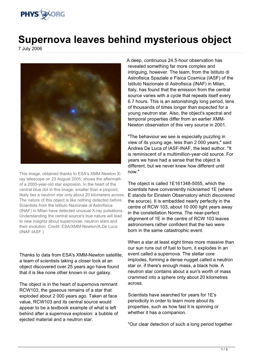 Supernova Leaves Behind Mysterious Object 7 July 2006