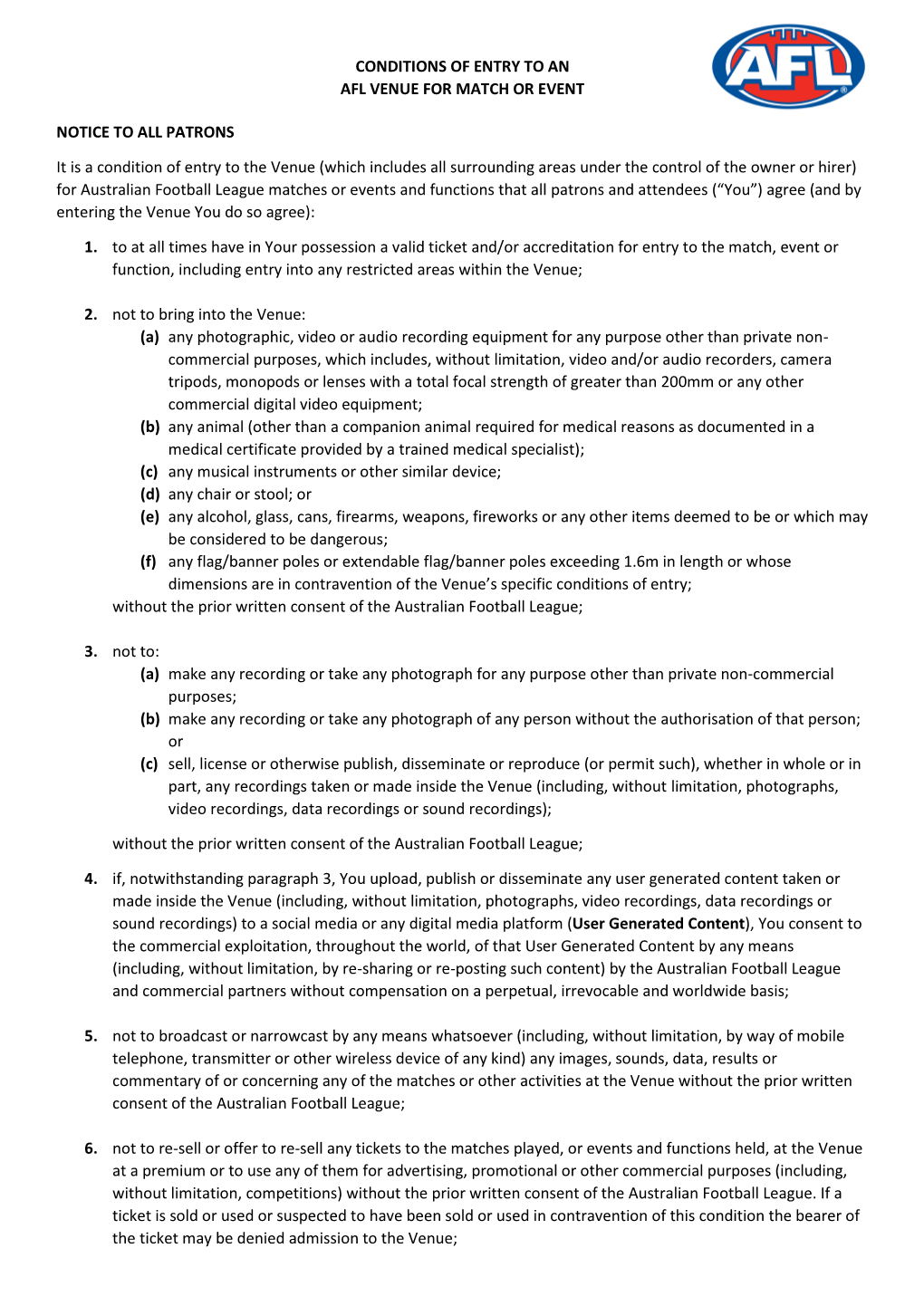 Conditions of Entry to an Afl Venue for Match Or Event