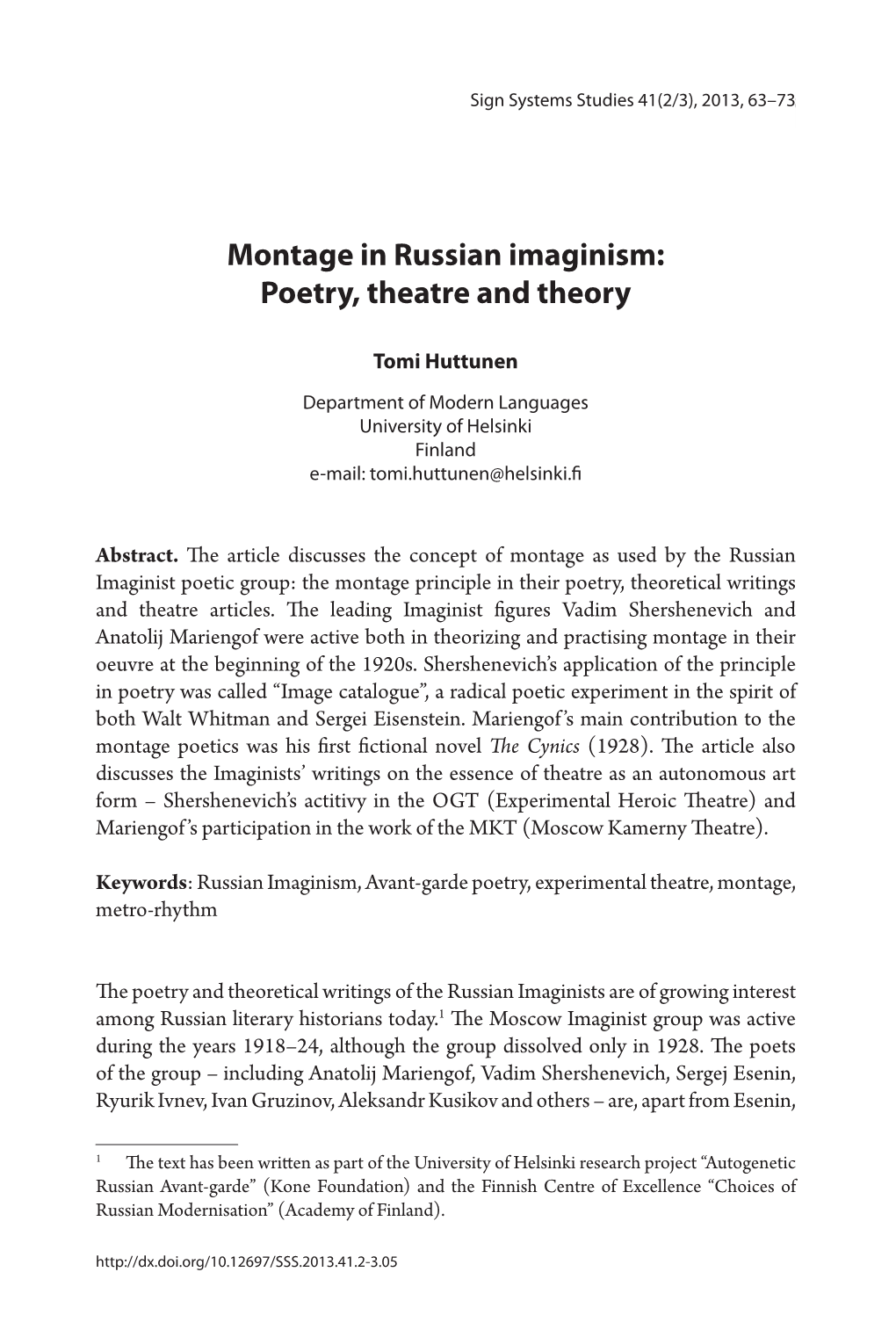 Montage in Russian Imaginism: Poetry, Theatre and Theory