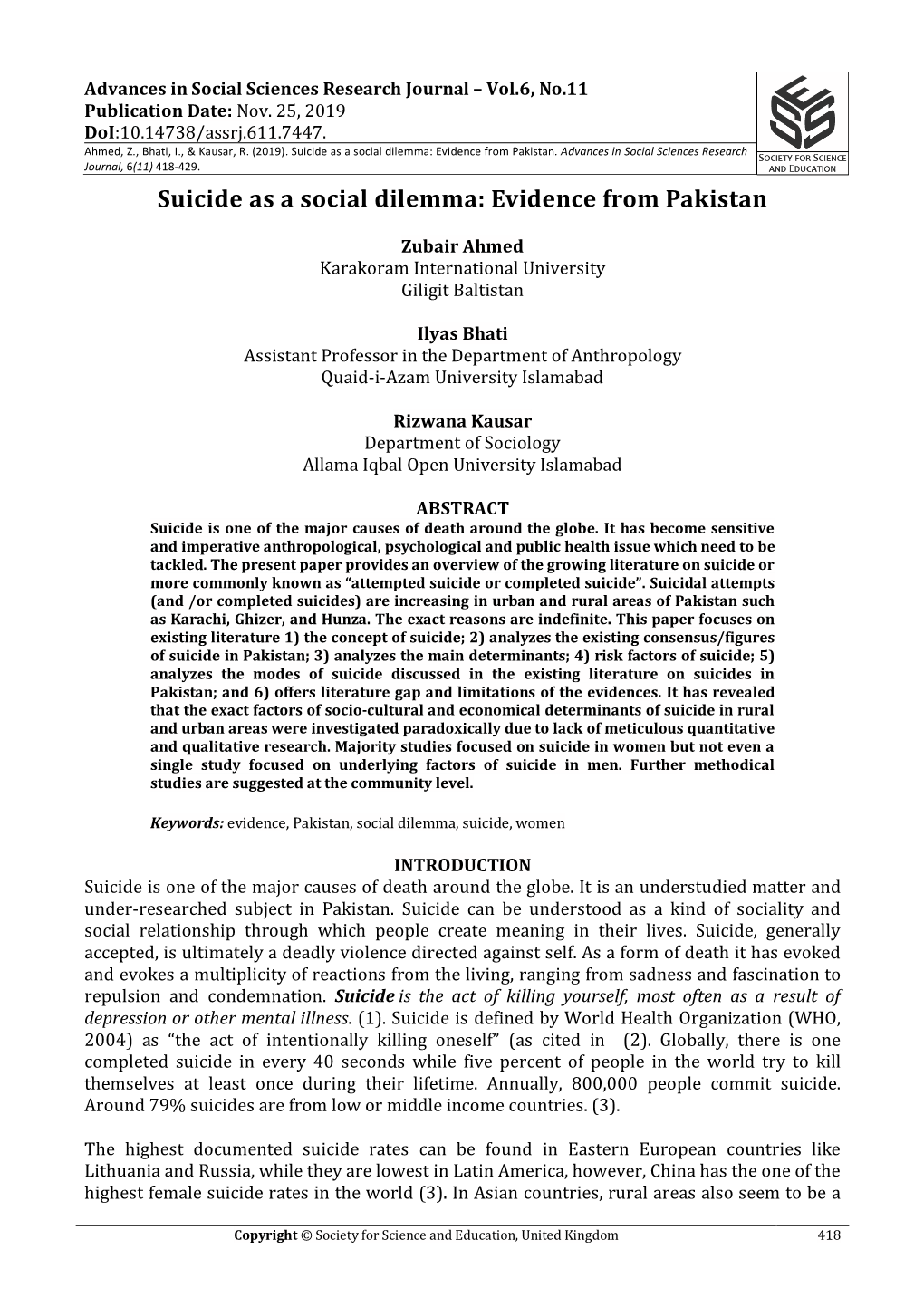 Suicide As a Social Dilemma: Evidence from Pakistan