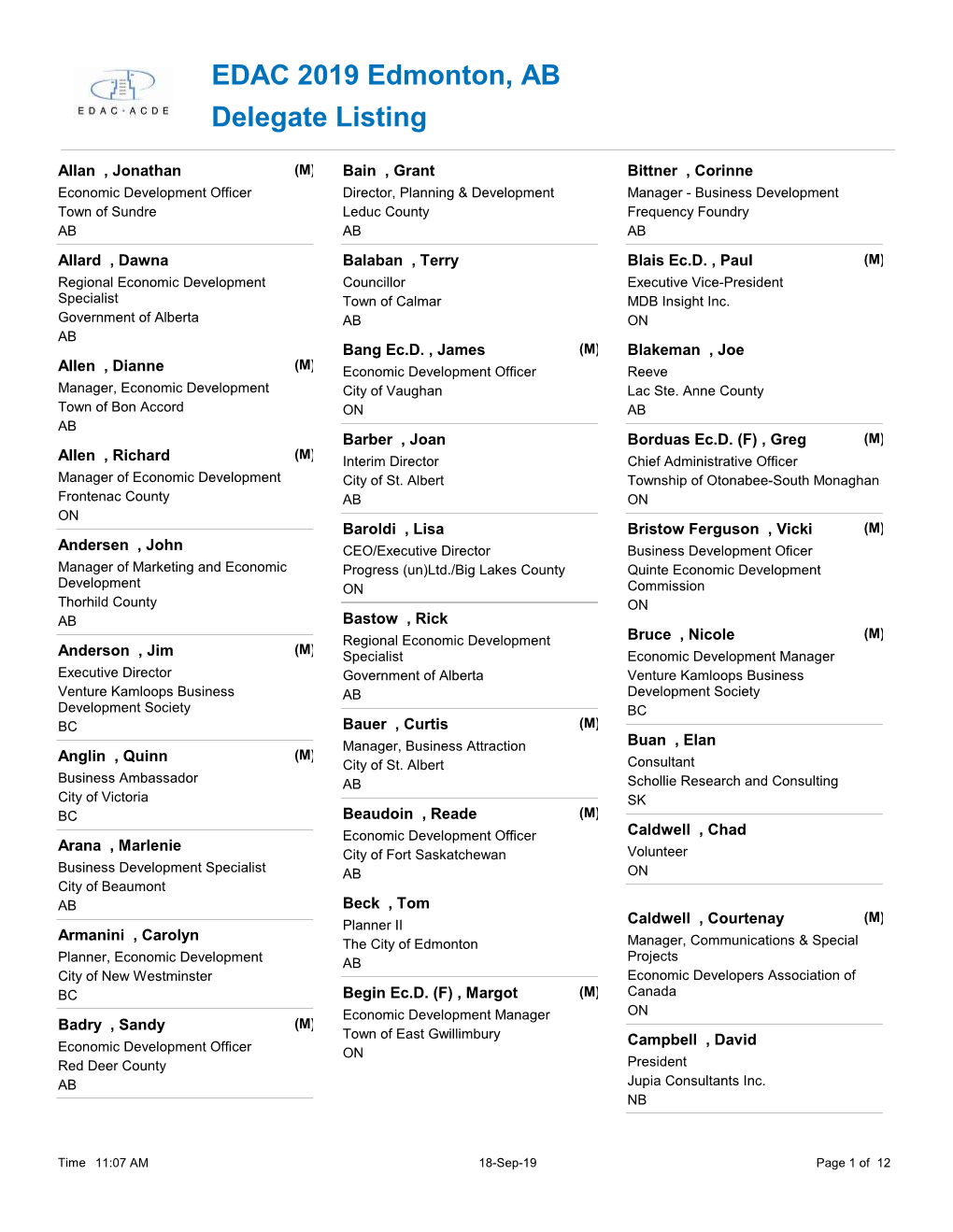 Delegate Listing EDAC 2019 Edmonton, AB