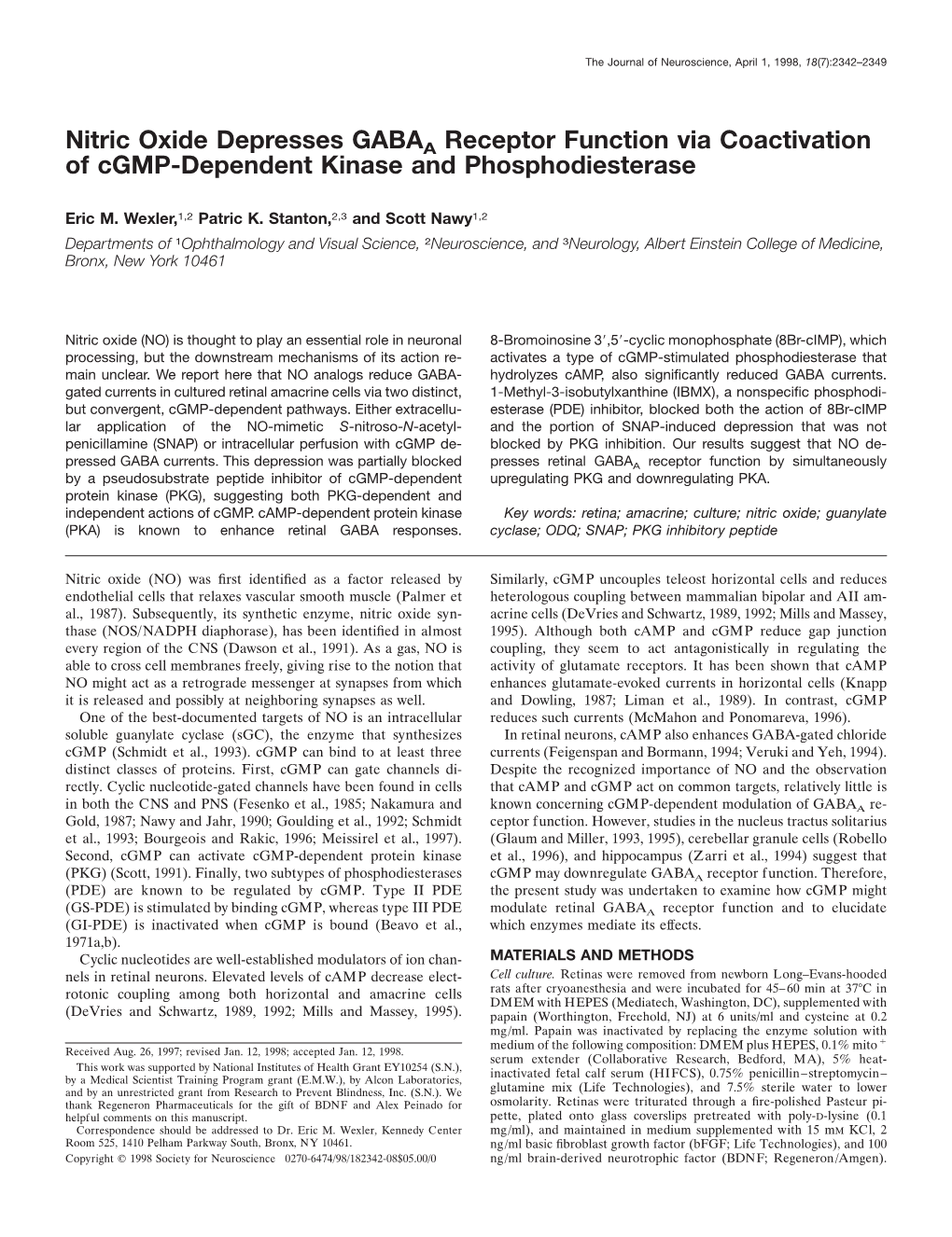 Nitric Oxide Depresses GABAA Receptor Function Via Coactivation of Cgmp-Dependent Kinase and Phosphodiesterase