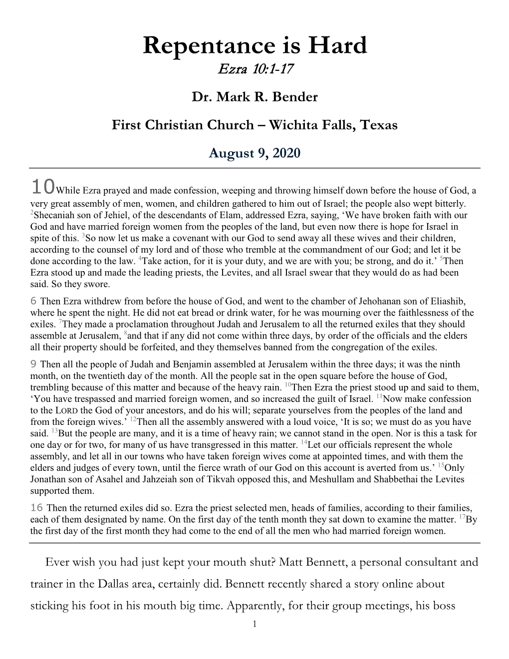 Ezra 10.1-17 – Repentance Is Hard – by Dr. Mark Bender